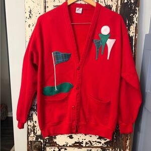 Golf-Themed vintage Jerzees red unisex Cardigan. OSFA. Made in the USA.